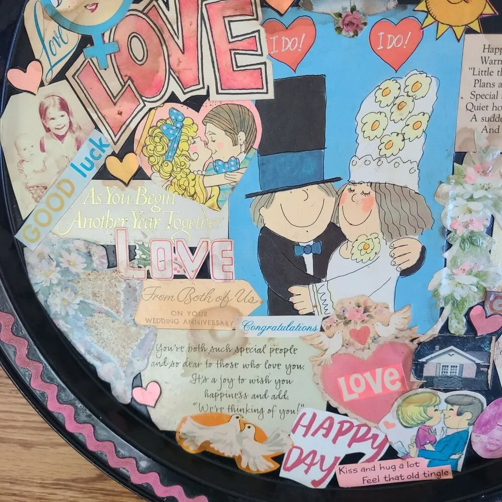 Vintage Decoupage Tray Paper Art Collage Celebrating Wedding Anniversary Love